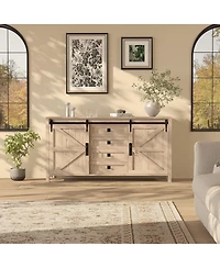 homfan 60 Inch Farmhouse Rustic Wood Sideboard Buffet with Sliding Barn Doors and 4 Drawers, Multi-use Coffee Bar Tv Console
