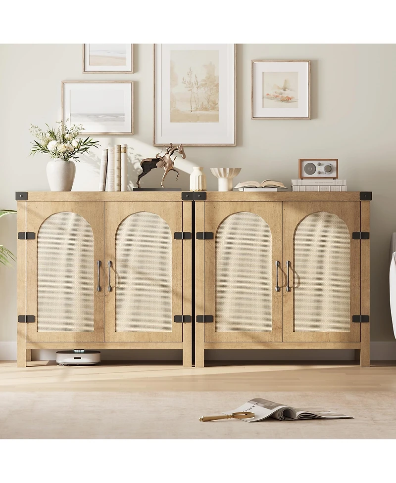 homfan Farmhouse Boho Rattan Entryway Storage Cabinet, Adjustable Shelves, Spacious Buffet Sideboard, Accent Credenza for Kitchen, Dining, Living Room