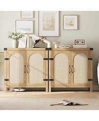 homfan Farmhouse Boho Rattan Entryway Storage Cabinet, Adjustable Shelves, Spacious Buffet Sideboard, Accent Credenza for Kitchen, Dining, Living Room