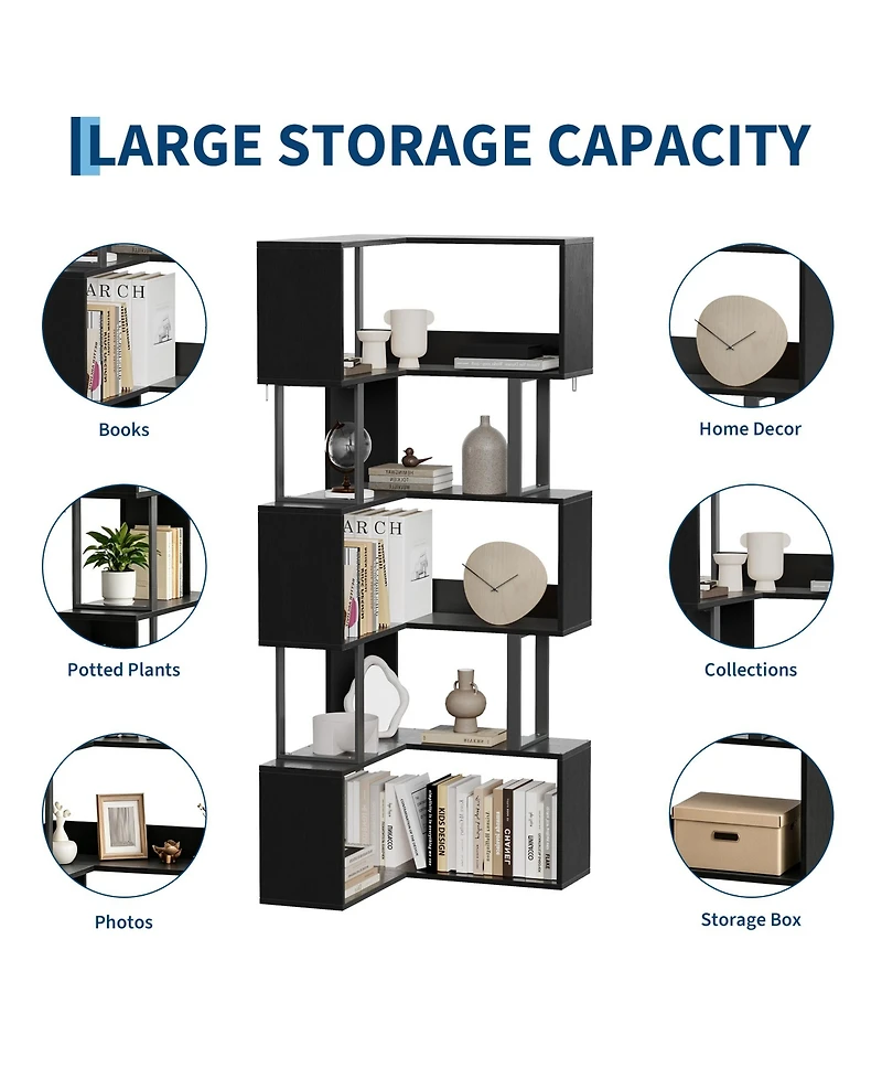 homfan 6-Tier L-Shaped Corner Bookshelf, Industrial Metal Frame Space-Saving Storage Rack with Wall Anchors, Freestanding Display Organizer