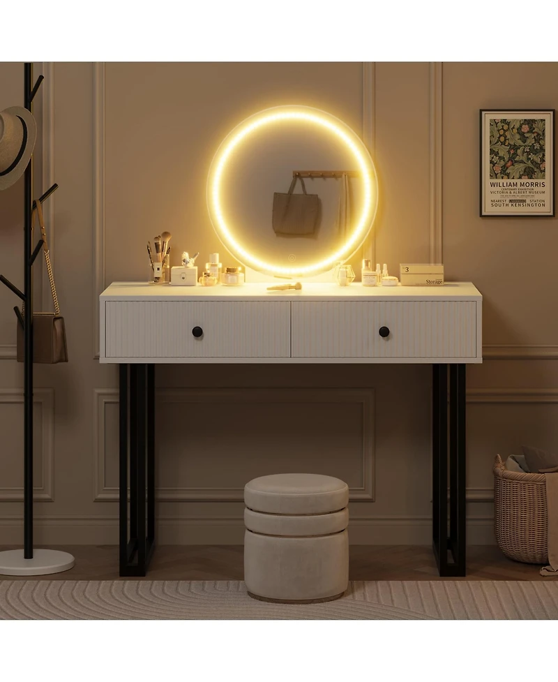 homfan Modern Vanity Desk with Led Mirror, Adjustable Lighting, 2 Drawers, Space-Saving Bedroom Makeup Table