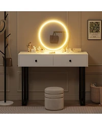 homfan Modern Vanity Desk with Led Mirror, Adjustable Lighting, 2 Drawers, Space-Saving Bedroom Makeup Table
