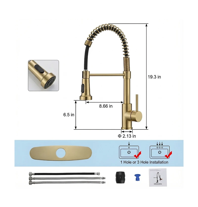 Phying Kitchen Faucet with Pull Down Sprayer Industrial 1 Handle 1 Hole Or 3 Hole Faucet for Farmhouse Camper Laundry Utility Rv Wet Bar Sinks