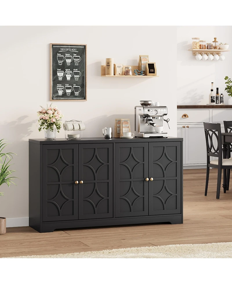 homfan 55 Inch Modern Sideboard Credenza, 4-Door Buffet Cabinet with Adjustable Shelves and Gold Handles for Kitchen, Living Room Entryway