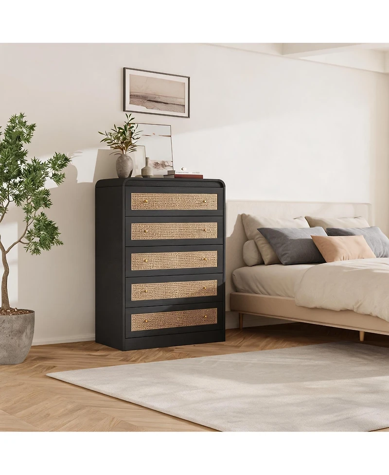 homfan 31-Inch Rattan Chest of Drawers Five with Rounded Corners, Wooden Cabinet, Suitable For Bedroom, Wardrobe, And Tv Stand.
