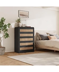homfan 31-Inch Rattan Chest of Drawers Five with Rounded Corners, Wooden Cabinet, Suitable For Bedroom, Wardrobe, And Tv Stand.