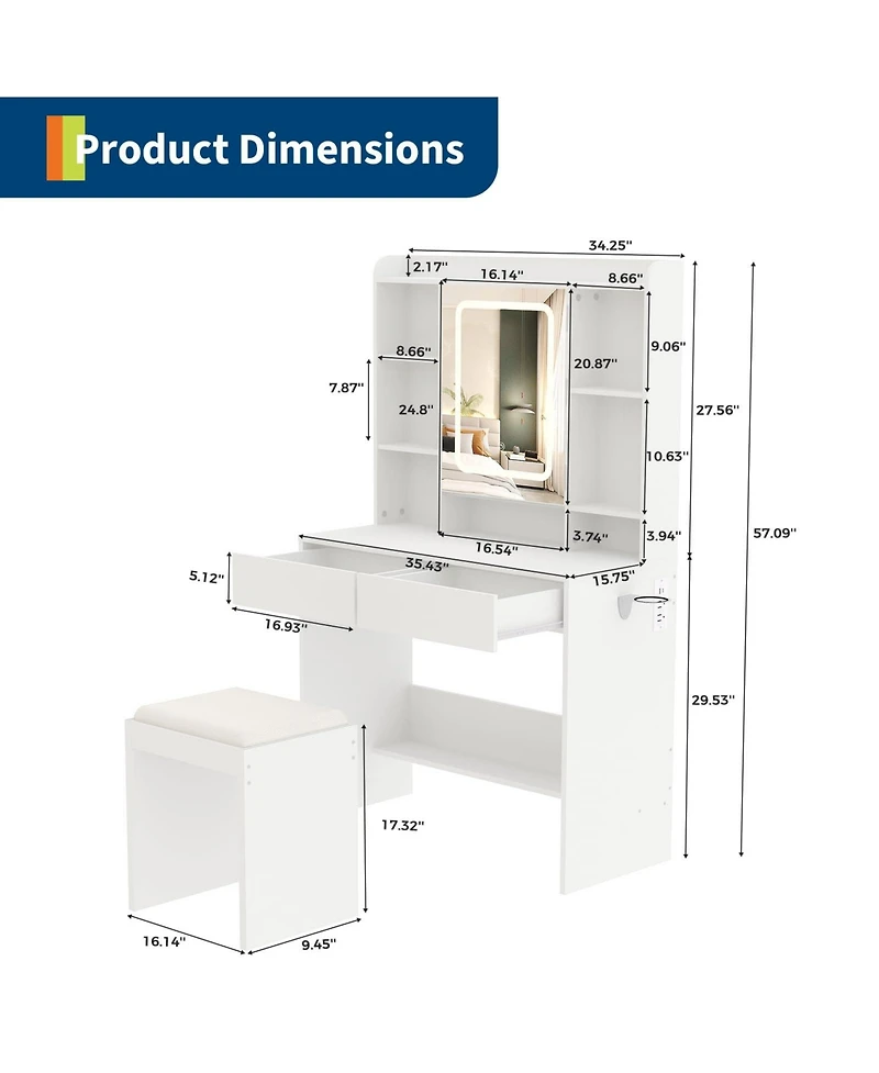homfan Vanity Desk with Mirror and Lights, Bedroom, Adjustable 3 Color Modes, Makeup Table with Hidden Shelves, Usb Outlets, Hairdryer Holder