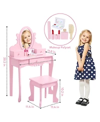 homfan Kids Vanity Set with Mirror and Stool, Wooden Princess Makeup Dressing Table with Drawer for Girls Ages 4-9, Perfect Pretend Play Vanity