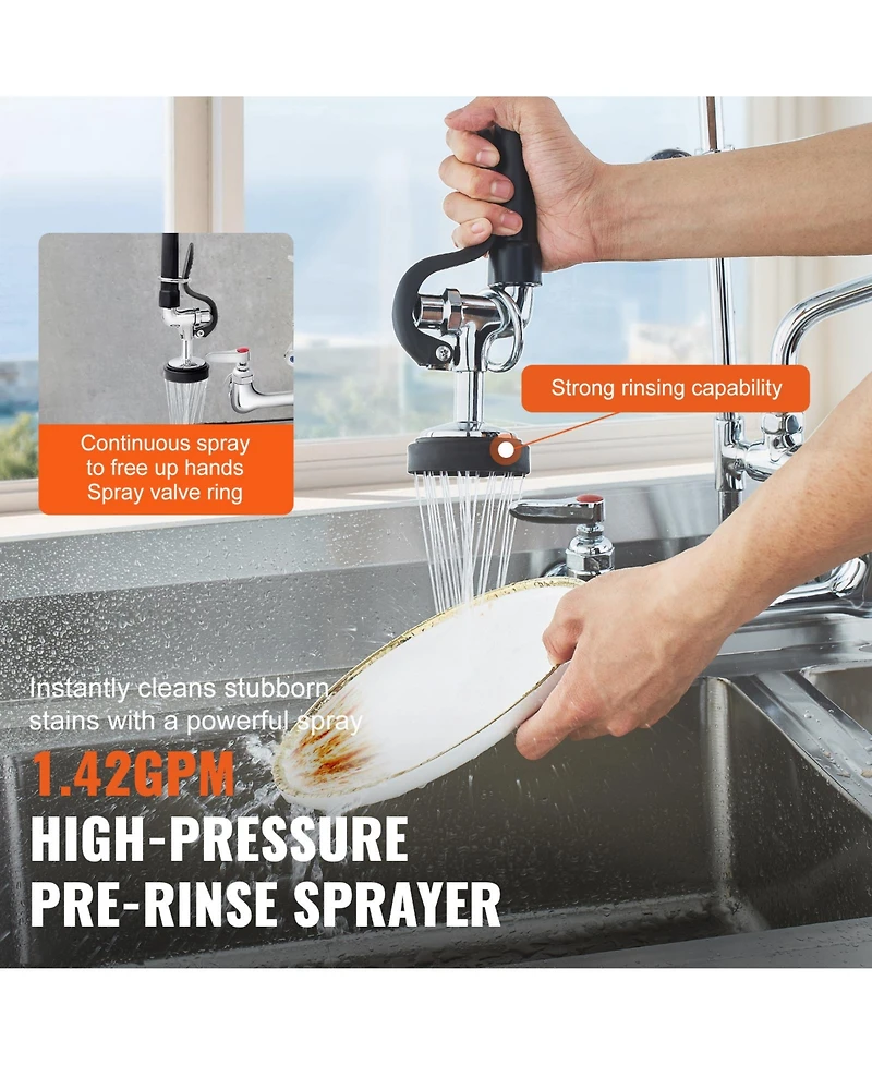 Phying Commercial Faucet with Pre-Rinse Sprayer, 47" Height, 8" Center, 12" Swing Spout, Wall Mount Kitchen Sink Faucet