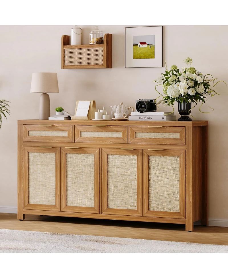 homfan 63 Inch Farmhouse Rattan Sideboard Credenza, Storage Buffet with 3 Drawers, 4 Doors and Adjustable Shelves for Home Organization