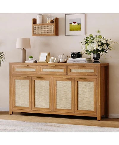 homfan 63 Inch Farmhouse Rattan Sideboard Credenza, Storage Buffet with 3 Drawers, 4 Doors and Adjustable Shelves for Home Organization