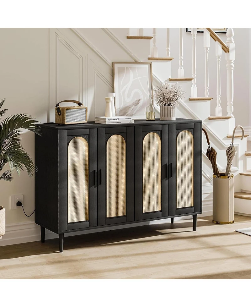 homfan Modern Boho Rattan 4-Door Storage Console, Sideboard Buffet with Built-in Power Outlet and Adjustable Shelves for Multi-Room Use