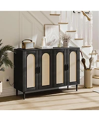 homfan Modern Boho Rattan 4-Door Storage Console, Sideboard Buffet with Built-in Power Outlet and Adjustable Shelves for Multi-Room Use