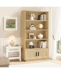 homfan Boho Style 5-Tier Wooden Shelving Unit with Rattan Doors - Tall Display and Storage Bookcase for Indoor Living and Working Spaces