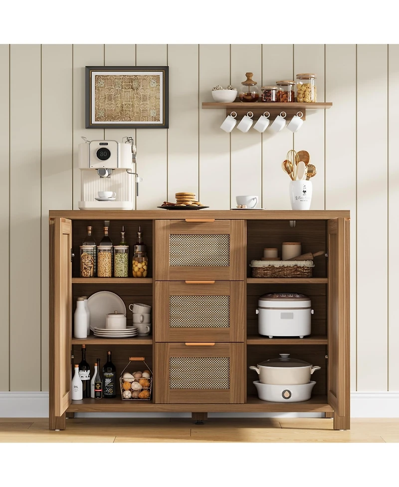 homfan Spacious Rattan Buffet Sideboard Cabinet, 3 Drawers, Boho Accent Storage Credenza, Adjustable Shelves, Large Console for Kitchen, Dining Room
