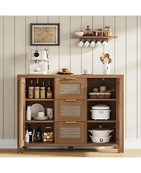 homfan Spacious Rattan Buffet Sideboard Cabinet, 3 Drawers, Boho Accent Storage Credenza, Adjustable Shelves, Large Console for Kitchen, Dining Room