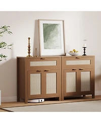 homfan Farmhouse Rattan Sideboard Buffet Cabinet, Adjustable Shelf and Drawer, Multi-Purpose Storage Console Table for Entryway, Living Room