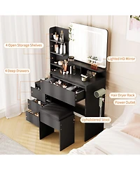 homfan Modern Vanity Desk with Mirror and Adjustable Led Lights, 4 Drawers, Storage Shelves, Charging Station and Stool for Bedroom, Makeup Table