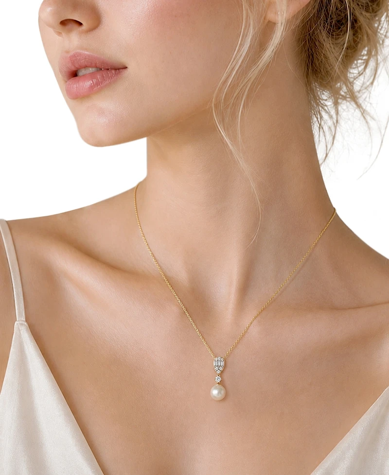 Macy's Cultured Freshwater Pearl (8-9mm) & Diamond Pendant Necklace in 14k Yellow Gold