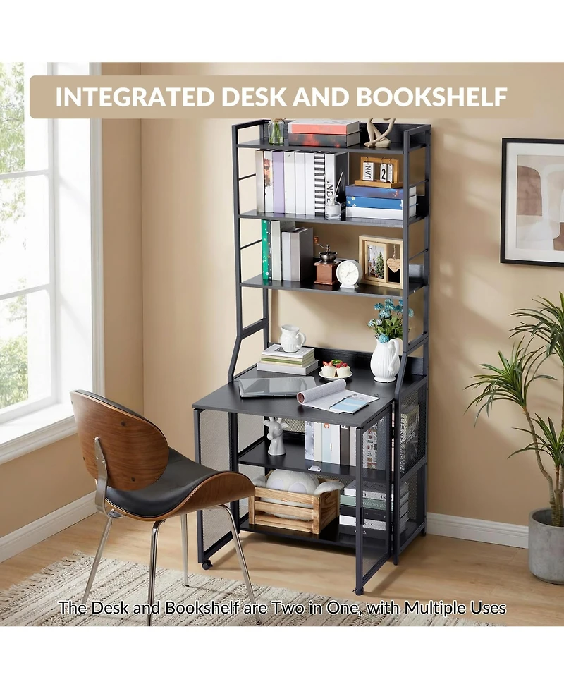 homfan 2-in-1 Desk with 6-Tier Bookshelf, Industrial Metal Frame Space-Saving Workstation Combo, Multi-Functional Home Office Study Furniture