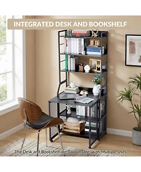 homfan 2-in-1 Desk with 6-Tier Bookshelf, Industrial Metal Frame Space-Saving Workstation Combo, Multi-Functional Home Office Study Furniture
