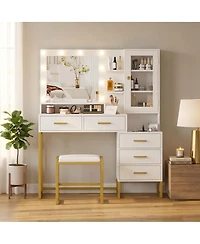 homfan Vanity with Led Mirror, 53.5" Makeup Set, 5 Drawers and Shelves, Charging Station and Stool Included, Modern Dressing Table with Storage