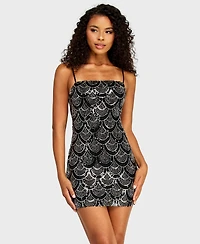 B Darlin Juniors' Square Neck Beaded Detail Chiffon Back-Tie Sequin Dress