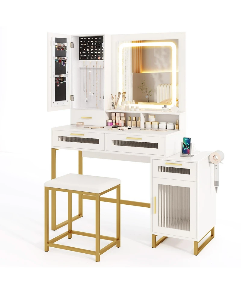 Slickblue Makeup Vanity Desk with Lighted Mirror and Stool Set