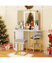 Slickblue Corner Dressing Table with Mirror and Led Lights for Makeup