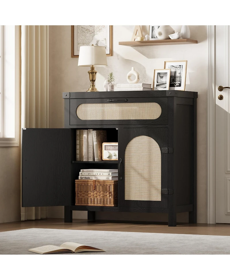 homfan Farmhouse Rattan Cabinet with Drawer, Adjustable Shelves, Synthetic Accent Doors, Versatile Sideboard Buffet Storage