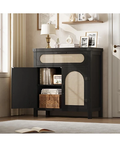 homfan Farmhouse Rattan Cabinet with Drawer, Adjustable Shelves, Synthetic Accent Doors, Versatile Sideboard Buffet Storage