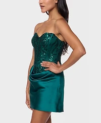 Alex & Sophia Juniors' Draped Skirt Strapless Satin Dress