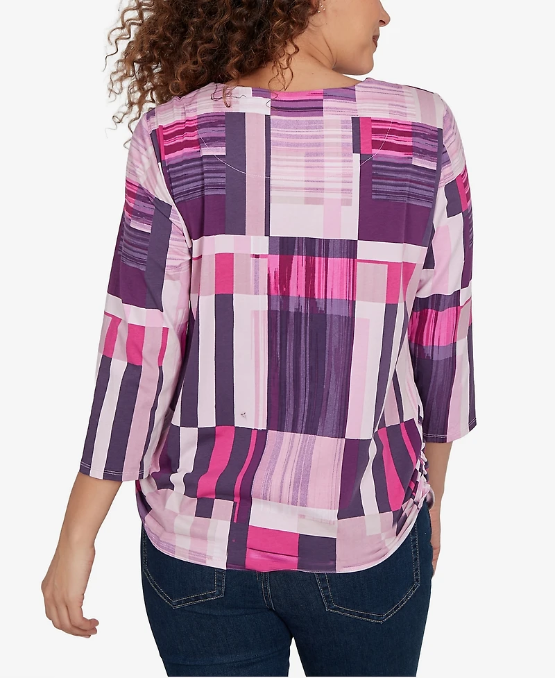 Alfred Dunner Women's Purple Bars Ruched Sides Top