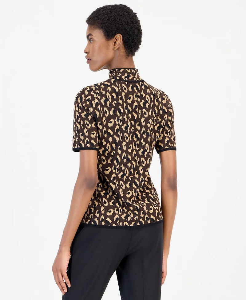 Anne Klein Women's Animal-Print Mock-Neck Short-Sleeve Sweater