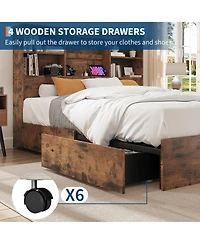 homfan Wood Bed Frame with Bookcase Headboard, 4 Storage Drawers, Built-in Charging Station, Metal Platform, Noise-Free