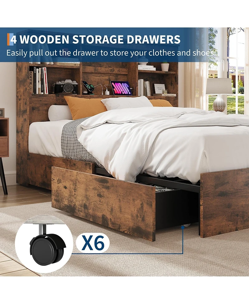 homfan Wood Bed Frame with Bookcase Headboard, 4 Storage Drawers, Built-in Charging Station, Metal Platform, Noise-Free