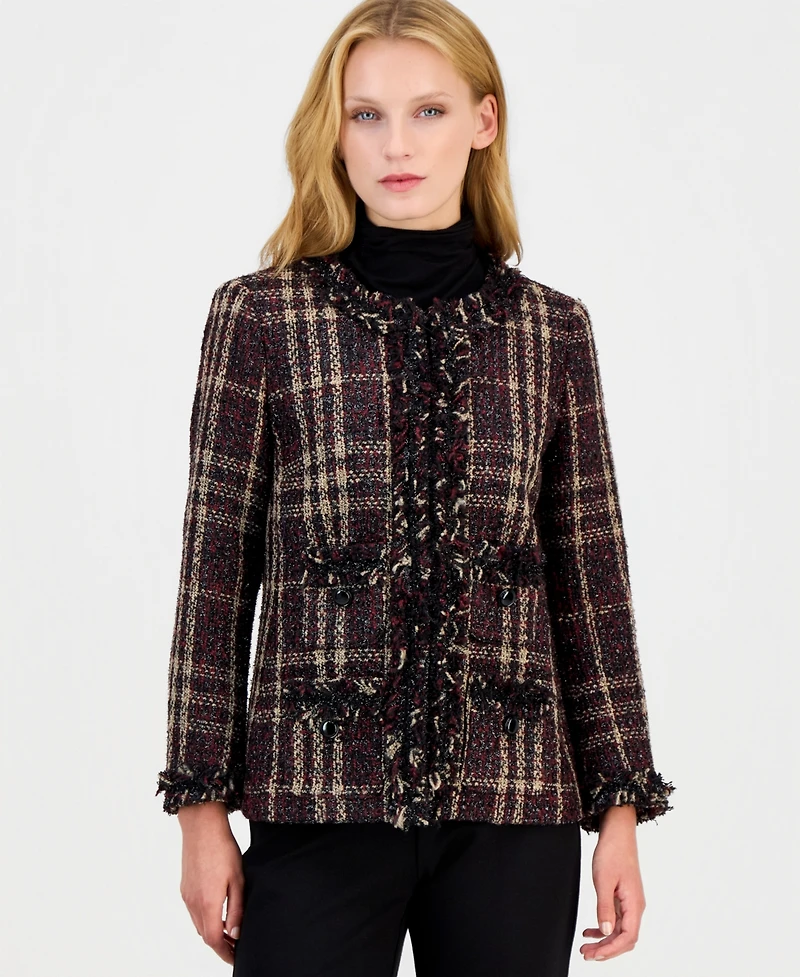 Anne Klein Women's Plaid Fringe-Trim Tweed Jacket