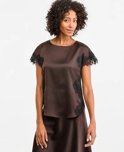 Anne Klein Women's Short-Sleeve Lace-Trim Satin Top