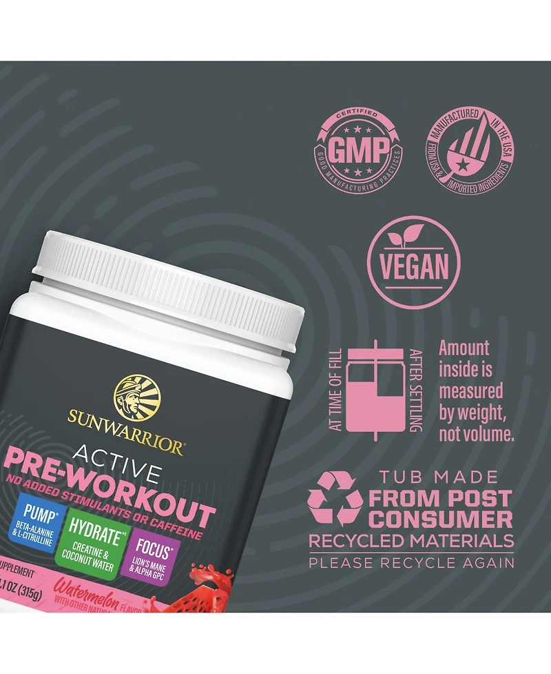 Sunwarrior Active Pre Workout Powder for Pump, Focus, and Hydration No Added Stimulants or Caffeine 315 Gram Tub