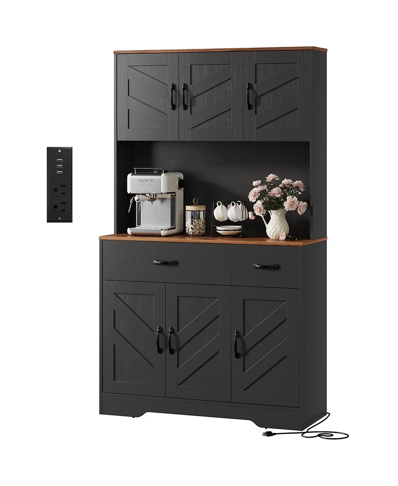 homfan 71 Inch Tall Farmhouse Kitchen Pantry Hutch with Charging Station, Microwave Surface and Two Drawers, Spacious Storage for Kitchen