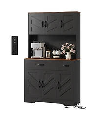 homfan 71 Inch Tall Farmhouse Kitchen Pantry Hutch with Charging Station, Microwave Surface and Two Drawers, Spacious Storage for Kitchen