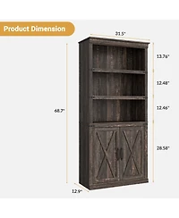 homfan Retro Bookcase with 2 Glass Doors, Display Cabinet with Shelves for Living Room Home Office Study