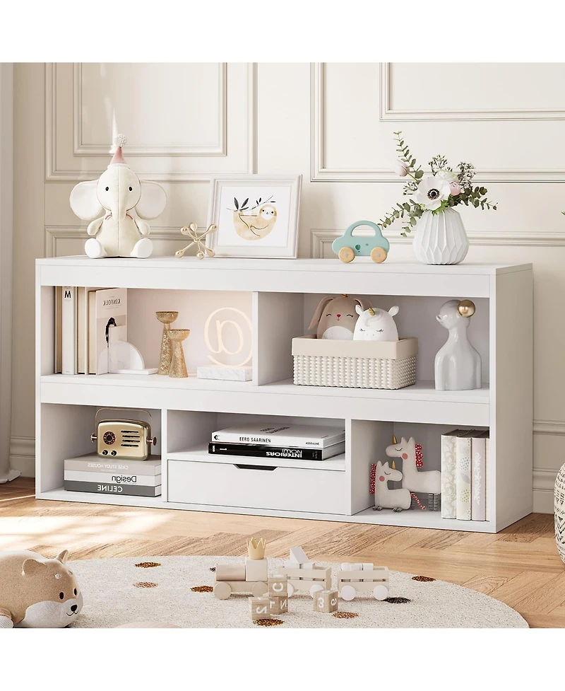 homfan 2-Tier Wooden Bookcase with 5 Cubbies and 1 Drawer, Modern Toy Storage Organizer for Playroom, Nursery and Bedroom