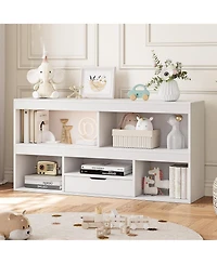 homfan 2-Tier Wooden Bookcase with 5 Cubbies and 1 Drawer, Modern Toy Storage Organizer for Playroom, Nursery and Bedroom