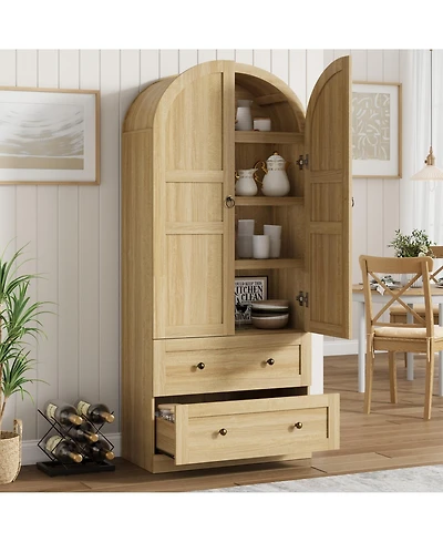homfan 72 Inch Tall Dome Bookcase with Drawers and Wood Door 4-Tier Wooden Bookshelf with Arched Top for Home Office Living Room Entryway