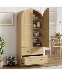 homfan 72 Inch Tall Dome Bookcase with Drawers and Wood Door 4-Tier Wooden Bookshelf with Arched Top for Home Office Living Room Entryway