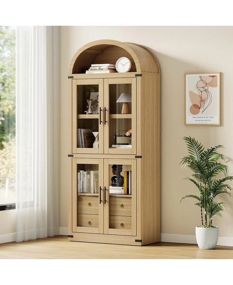 homfan Modern Farmhouse Arched Top Bookcase, Mdf Storage Cabinet with Glass Doors and Anti-Tip Straps, Easy Assembly Display Shelf