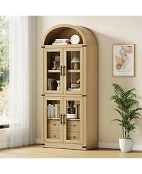 homfan Modern Farmhouse Arched Top Bookcase, Mdf Storage Cabinet with Glass Doors and Anti-Tip Straps, Easy Assembly Display Shelf