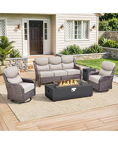 Pocassy 7 Pieces Patio Rocking Swivel Chair with Fire Pit Table Outdoor Wicker Rattan Bistro Set Tempered Glass Side