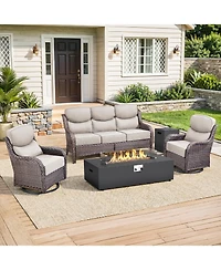Pocassy 7 Pieces Patio Rocking Swivel Chair with Fire Pit Table Outdoor Wicker Rattan Bistro Set Tempered Glass Side